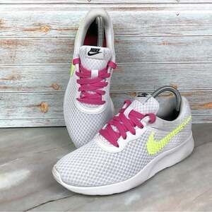 Nike Tanjun Sneakers White with Customized Neon Yellow Swoosh & Pink Laces